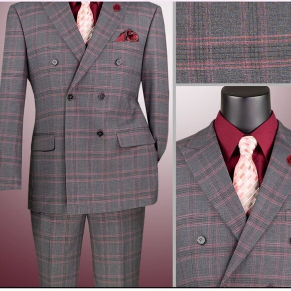 MEN'S VINCI 2 PIECE MODERN FIT GLEN PLAID DOUBLE BREASTED SUIT. MDW-2 CHARCOAL. - Picture 1 of 1